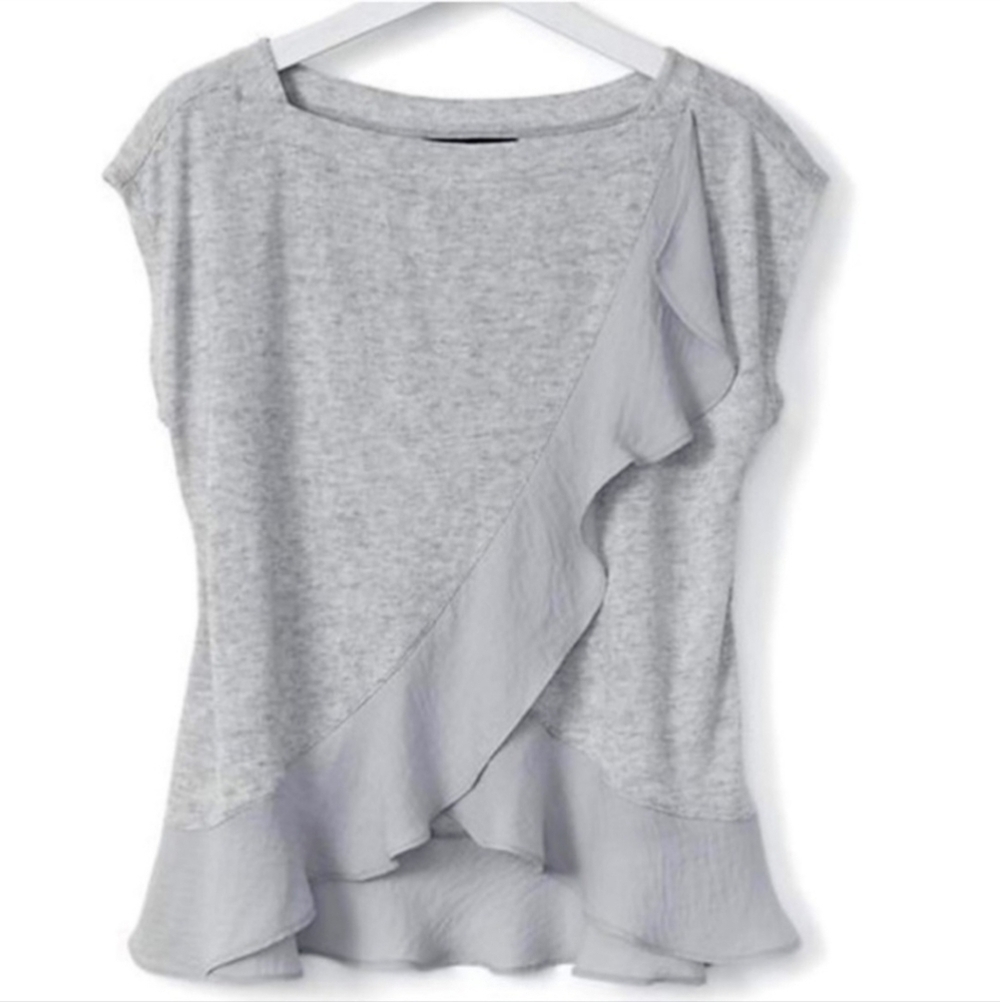 Banana Republic Grey Ruffle Flowy Top Women's XS Feminine Cute Boat Neck EUC